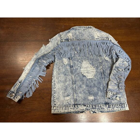Fantasic Fawn Distressed Acid Wash Jean Jacket Women S Thrashed Fringe Trucker - Picture 1 of 10